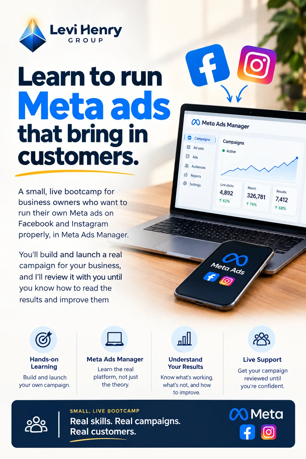 Meta Ads Bootcamp by Levi Henry Group: learn to run Meta ads that bring in customers, with hands-on learning in Meta Ads Manager and live support