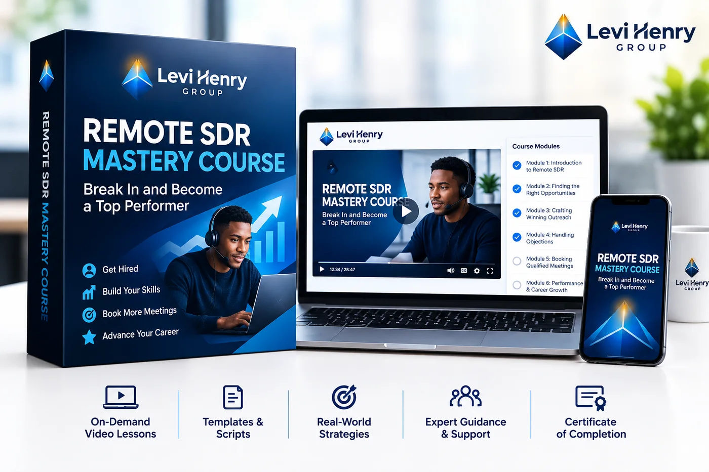 Remote SDR Mastery Course by Levi Henry Group — course box, video lessons, and modules