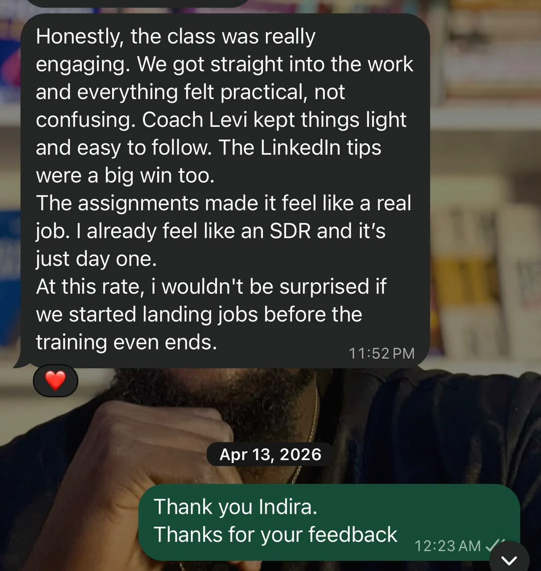 Indira: The assignments made it feel like a real job. I already feel like an SDR and it's just day one.